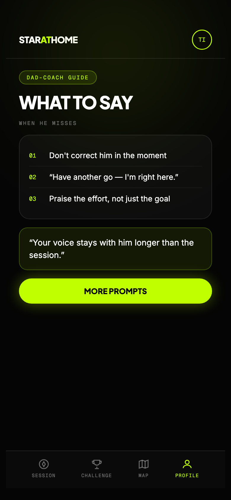 Star at Home mini app — dad-coach guide with what to say