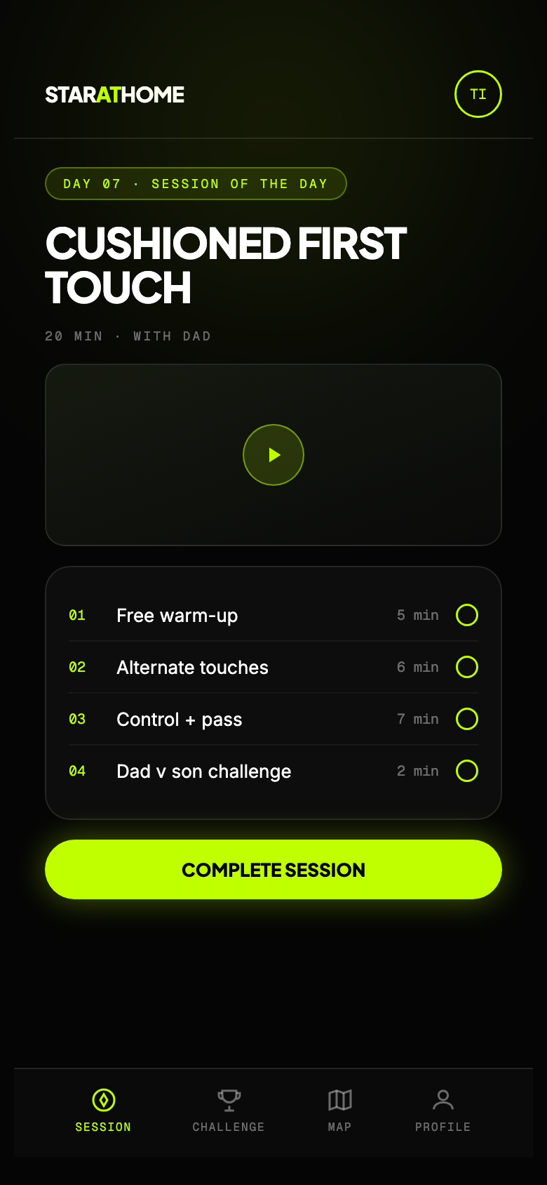 Star at Home mini app — session of the day screen