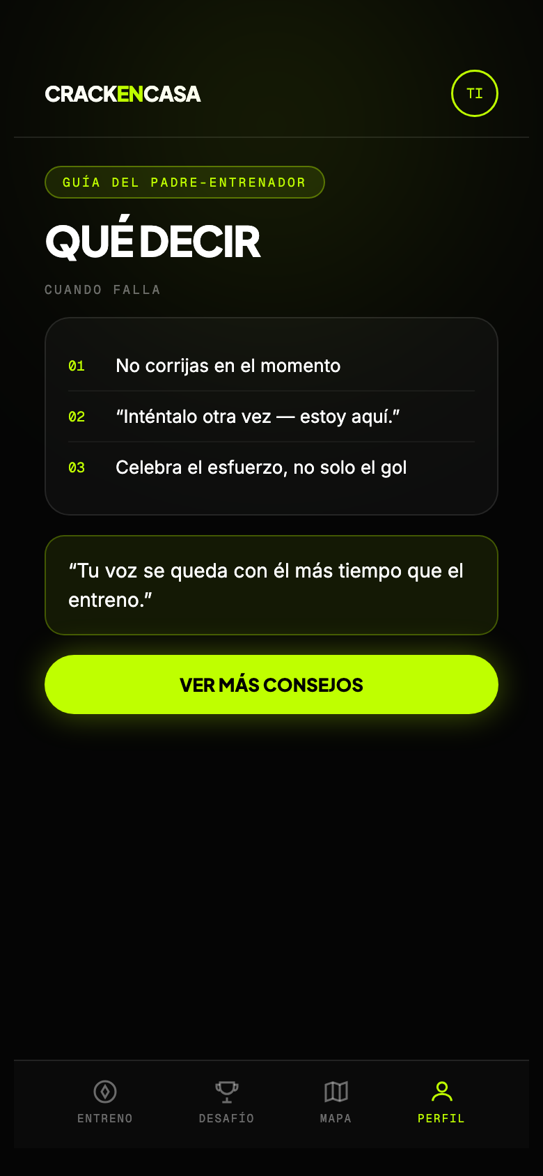 Mini app Crack en Casa — guía del padre-entrenador con qué decir