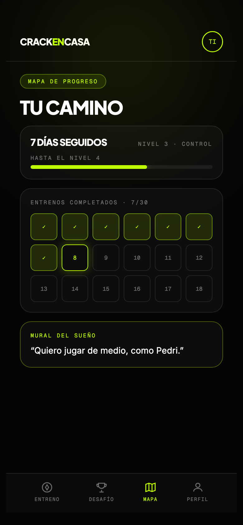 Mini app Crack en Casa — mapa de progreso y mural del sueño