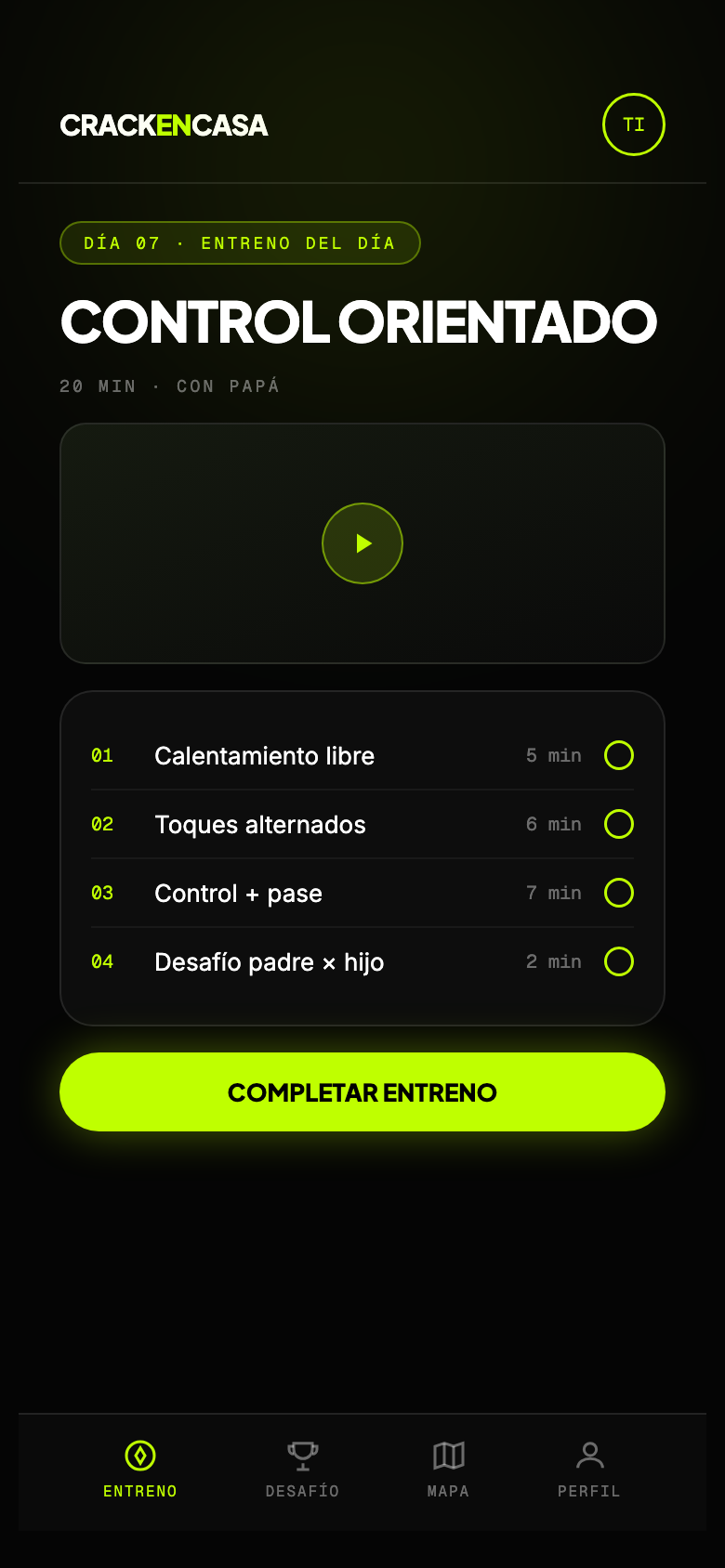 Mini app Crack en Casa — pantalla del entreno del día