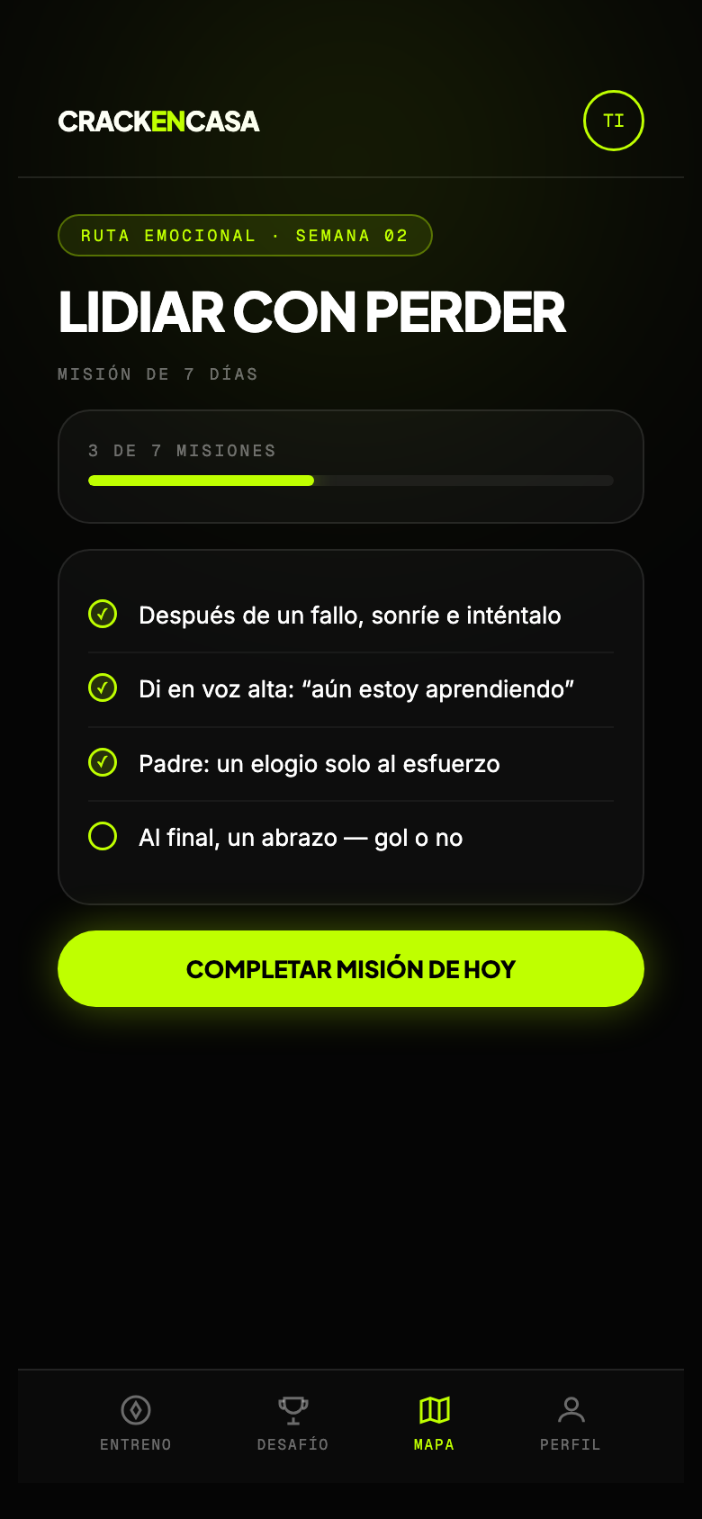 Mini app Crack en Casa — ruta emocional y misiones de la semana