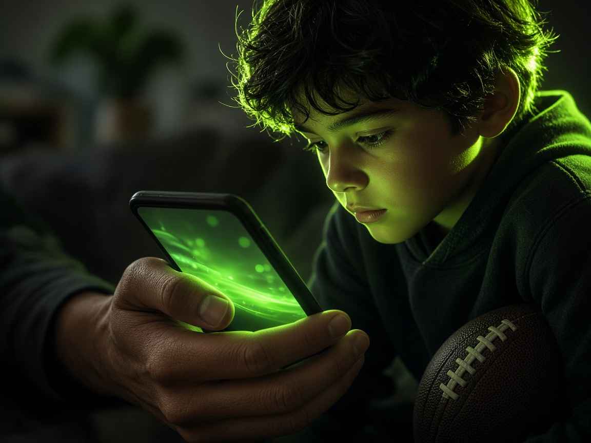 Pai a mostrar o treino do dia no telemóvel ao filho