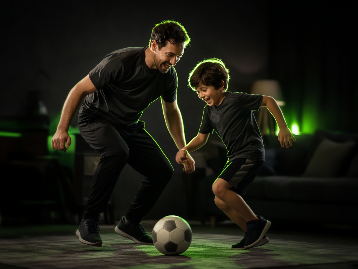 Pai e filho em duelo de futebol na sala de estar