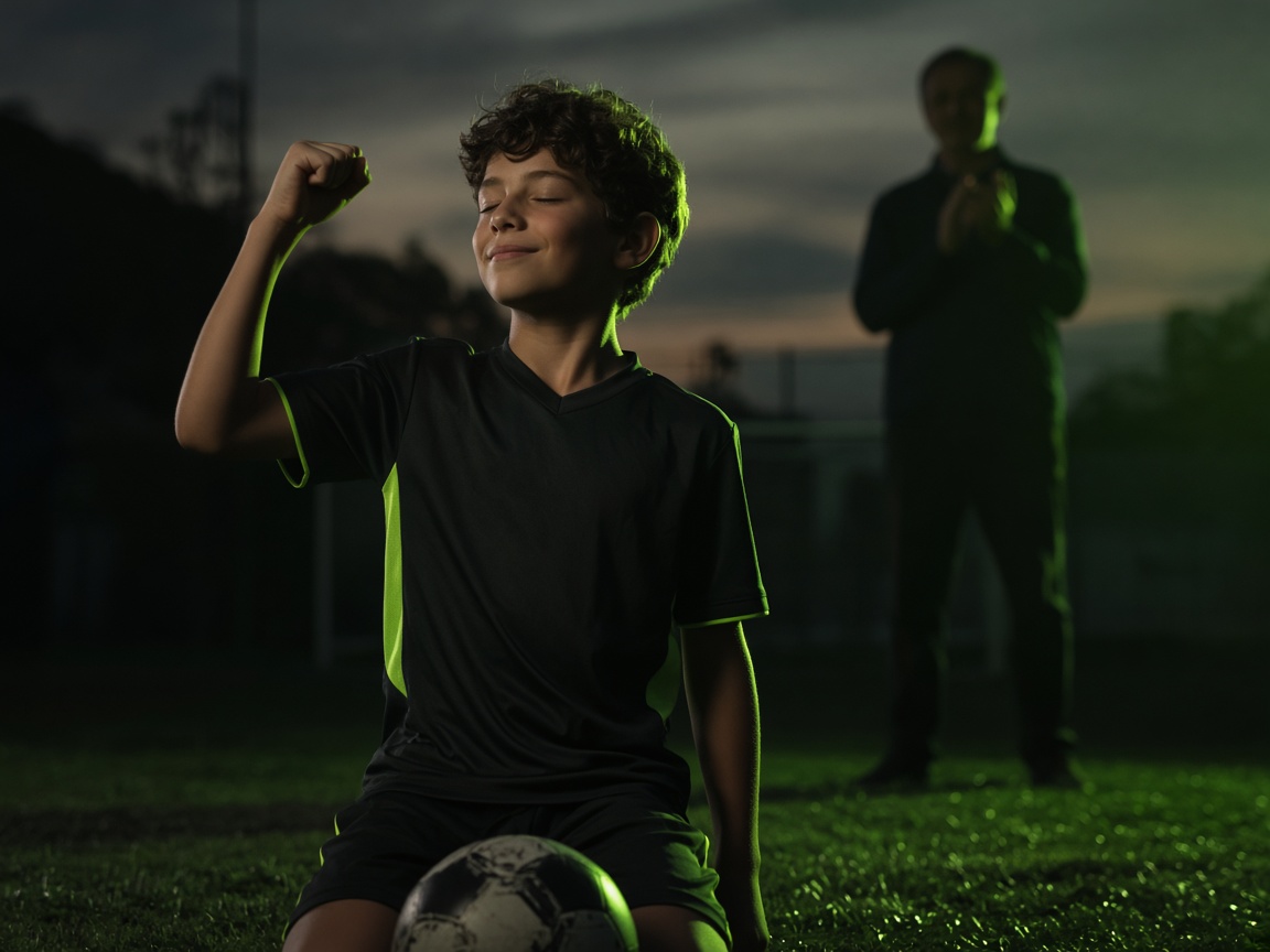 Rapaz a celebrar um golo com o punho no ar, pai a aplaudir ao fundo