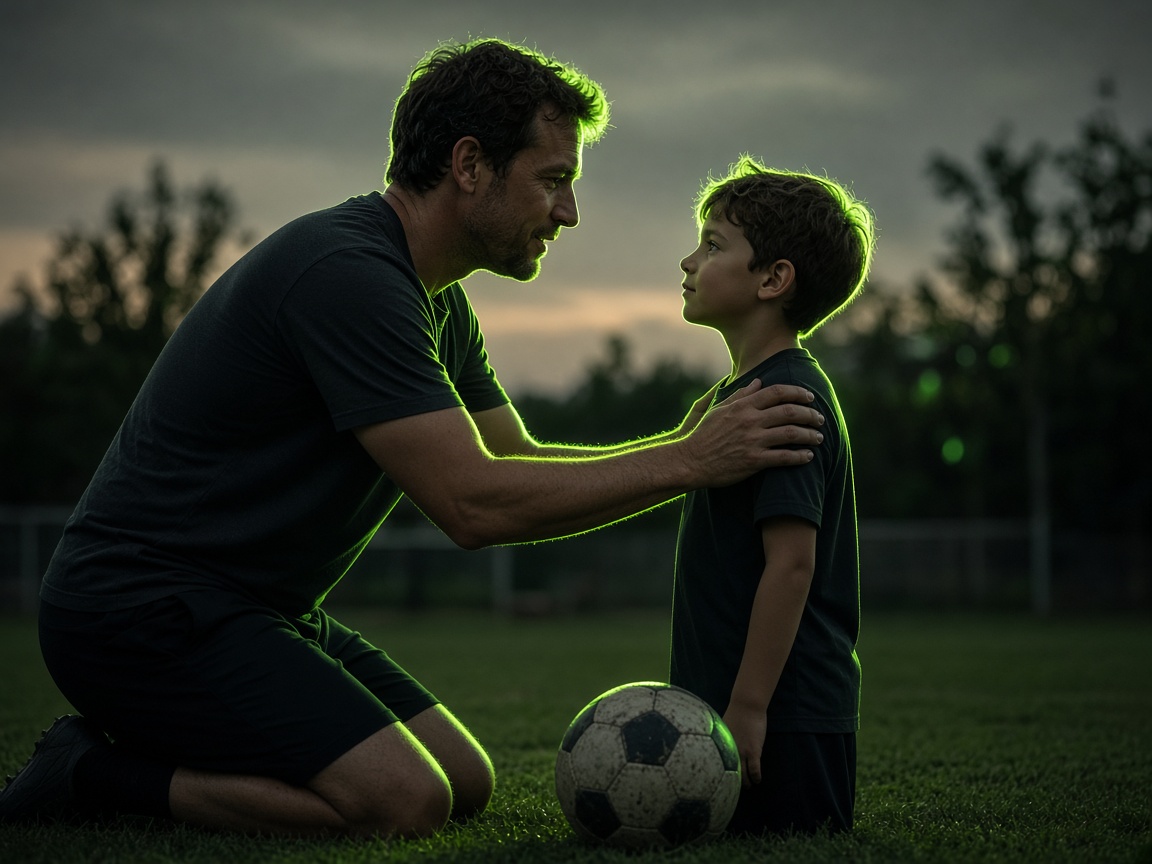 Pai ajoelhado a falar ao nível dos olhos do filho no relvado
