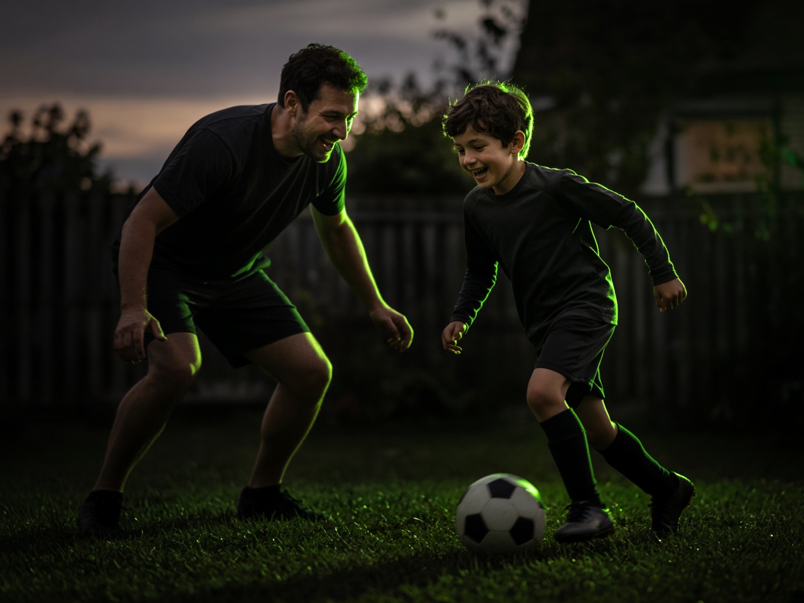 Pai e filho a jogar futebol juntos no quintal ao entardecer