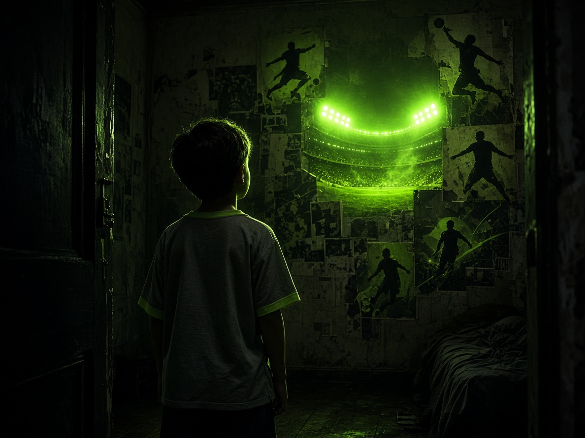 Rapaz de camisola vestida a olhar para a luz do estádio, a sonhar ser jogador