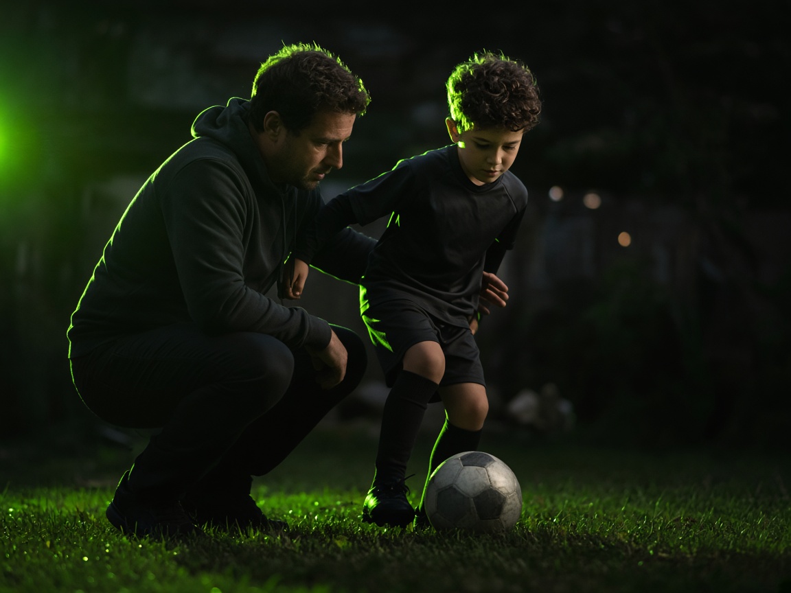 Pai e filho a treinar controlo de bola no quintal ao entardecer
