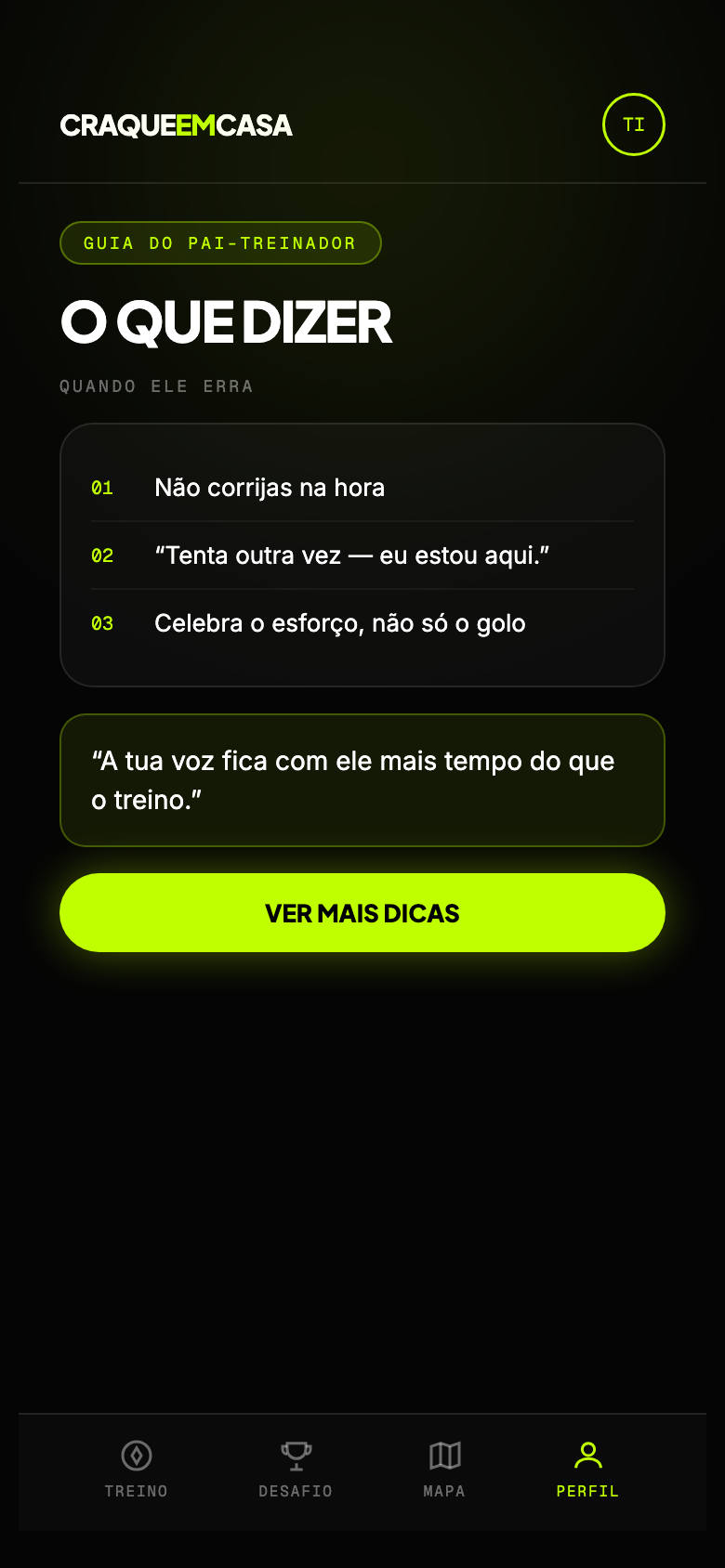 Mini app Craque em Casa — guia do pai-treinador com o que dizer