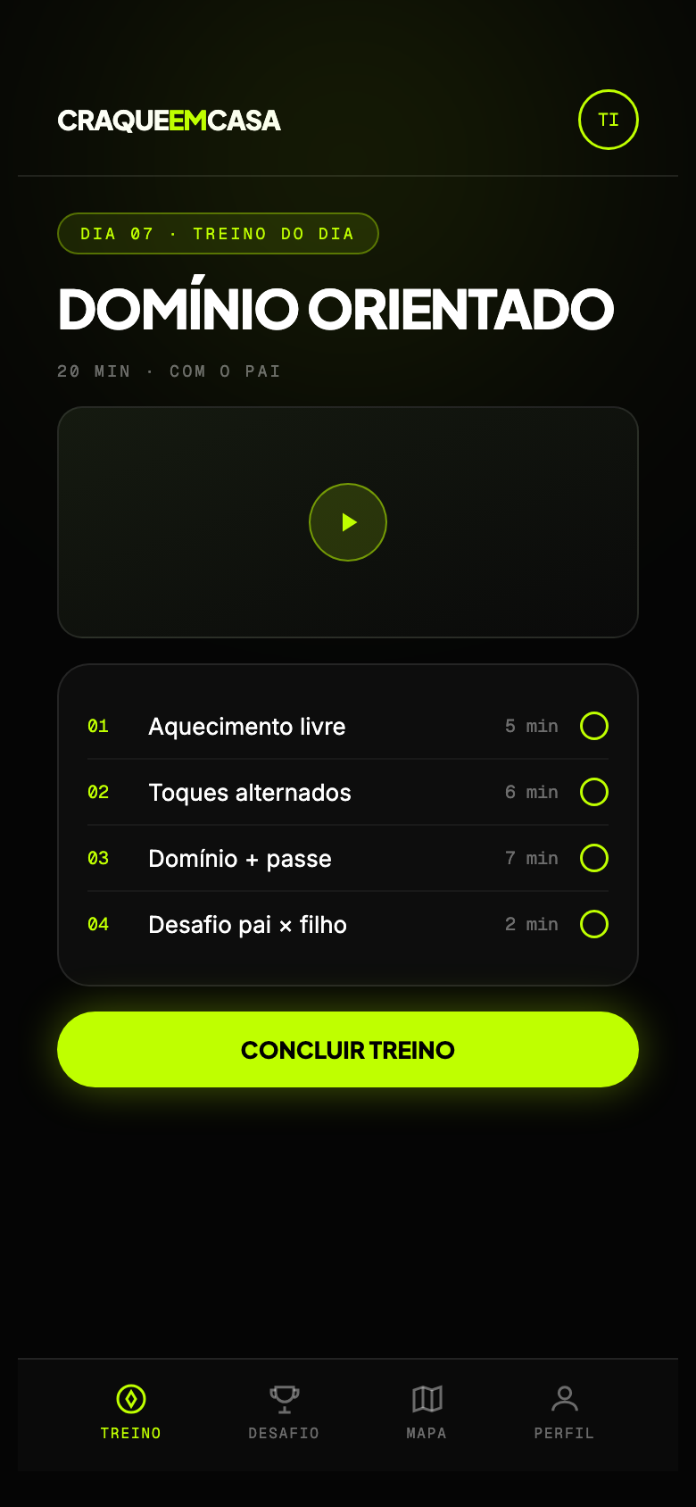 Mini app Craque em Casa — ecrã do treino do dia