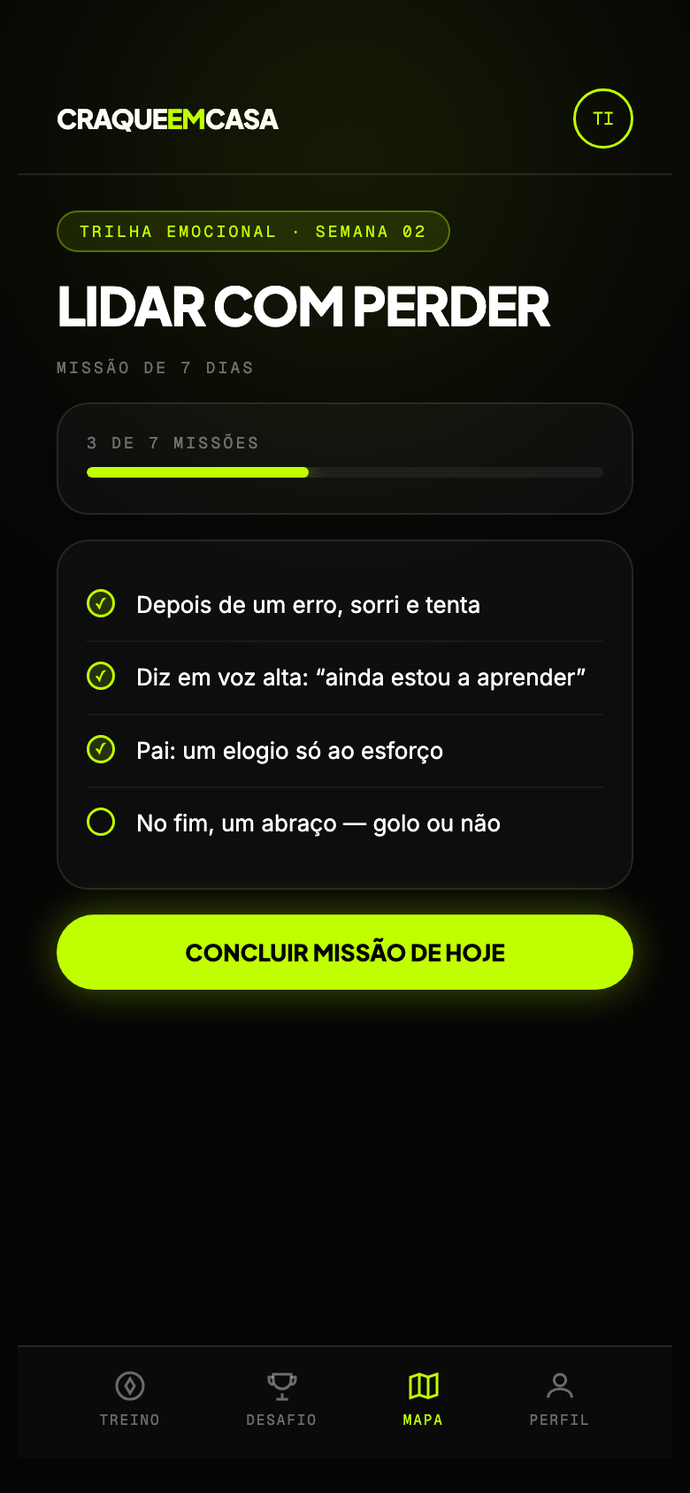 Mini app Craque em Casa — trilha emocional e missões da semana